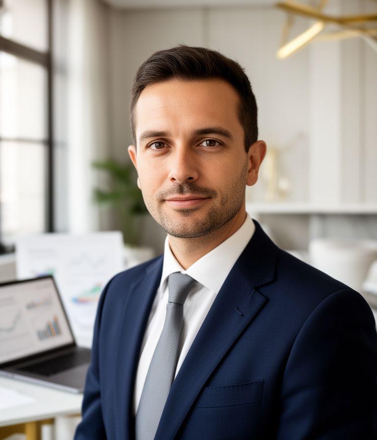 Luca Conti, analista finanziario di MetalliaX, ritratto professionale in ambiente elegante