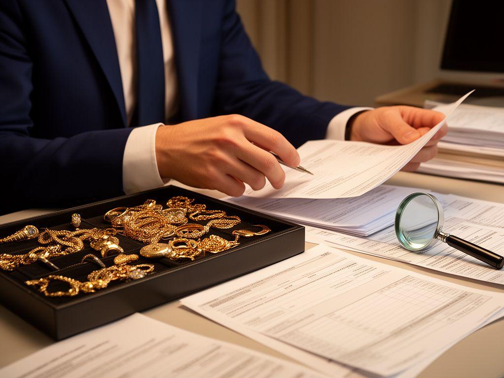 Commerciante che esamina gioielli e documenti per applicare il regime del margine su metalli preziosi usati