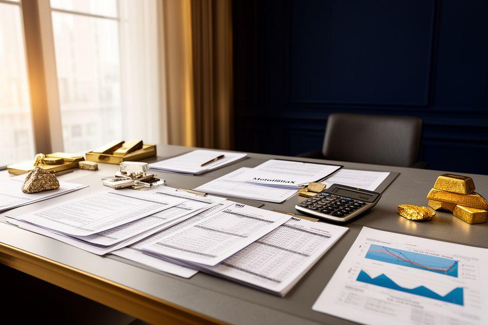 Ufficio professionale con documenti fiscali, lingotti metallici e grafici finanziari per l'analisi delle novità fiscali 2024